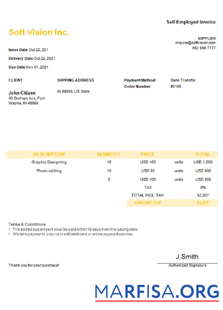 Realistic USA Soft Vision Inc. invoice template